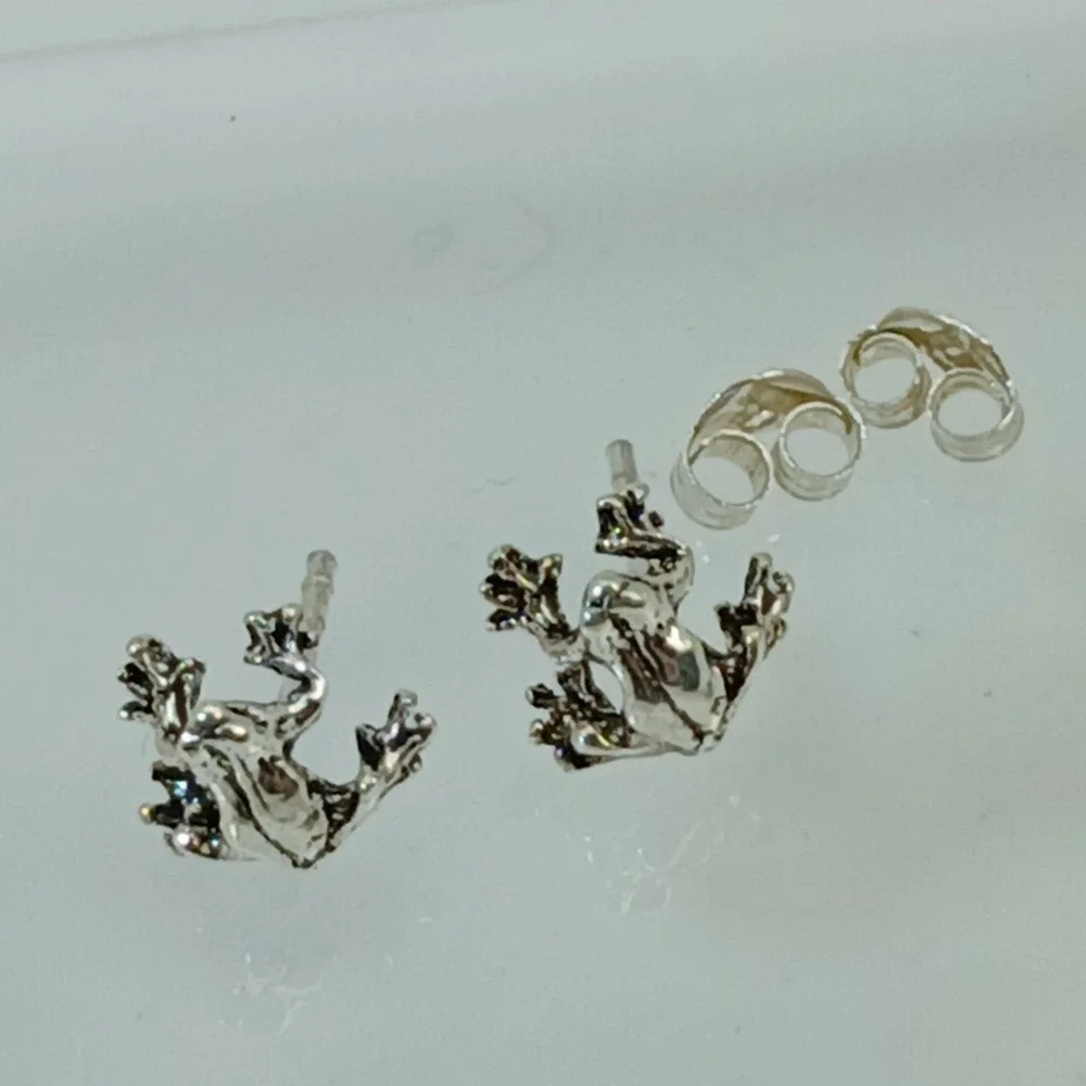 Vintage 90s Sterling Silver 925‎ Frog Stud Earrings Animal Nature Jewelry  - New